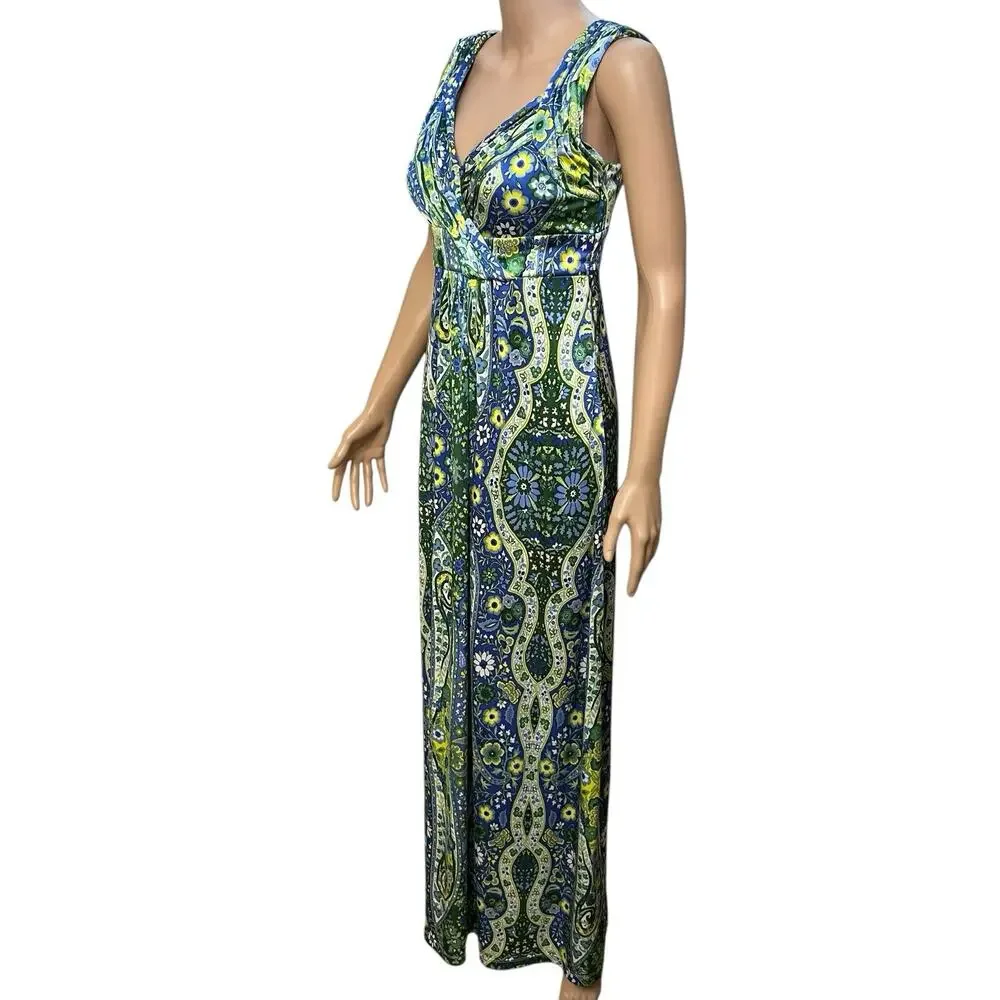 Gianni Bini Floral Maxi Dress 4 Blue Multi Retro Colorful Sleeveless V Neck Mod